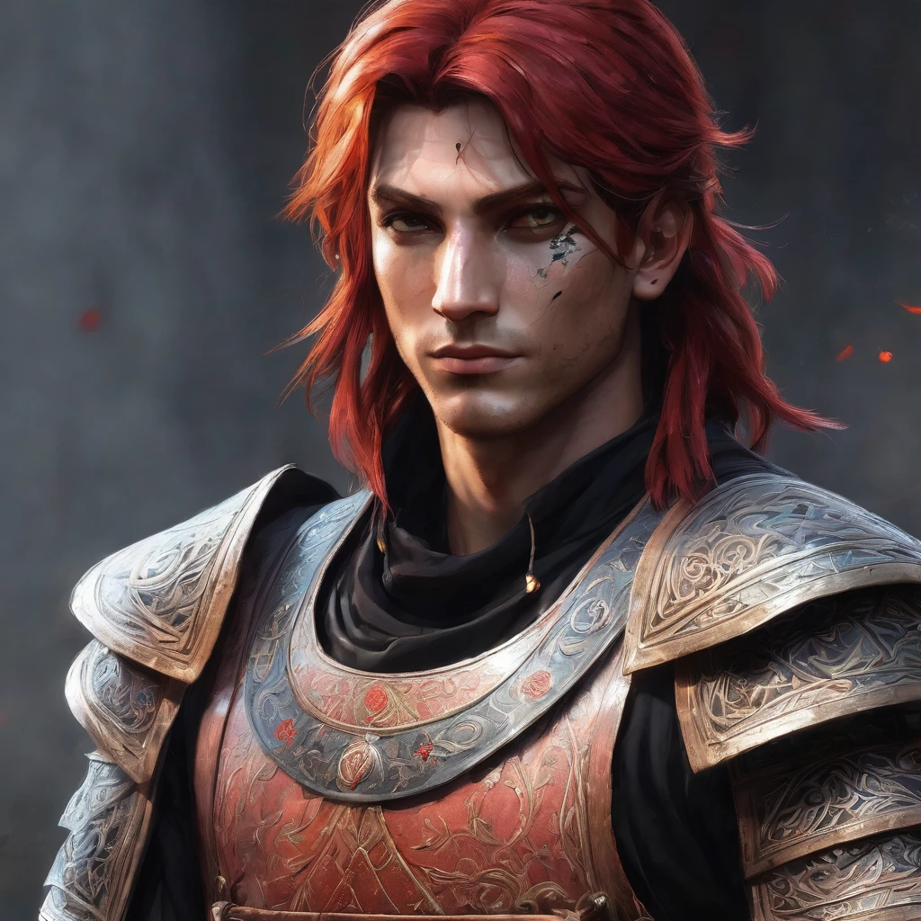 A male fantasy character with red hair. His eyes are red. He has dimples on his cheeks, siyah bir ceket ve siyah bir pantalon giyiyor. There are bandages on his chest and one arm: There are black marks from his wrist to his neck. ceketin eteklerinde tutuşmuş alevler var.