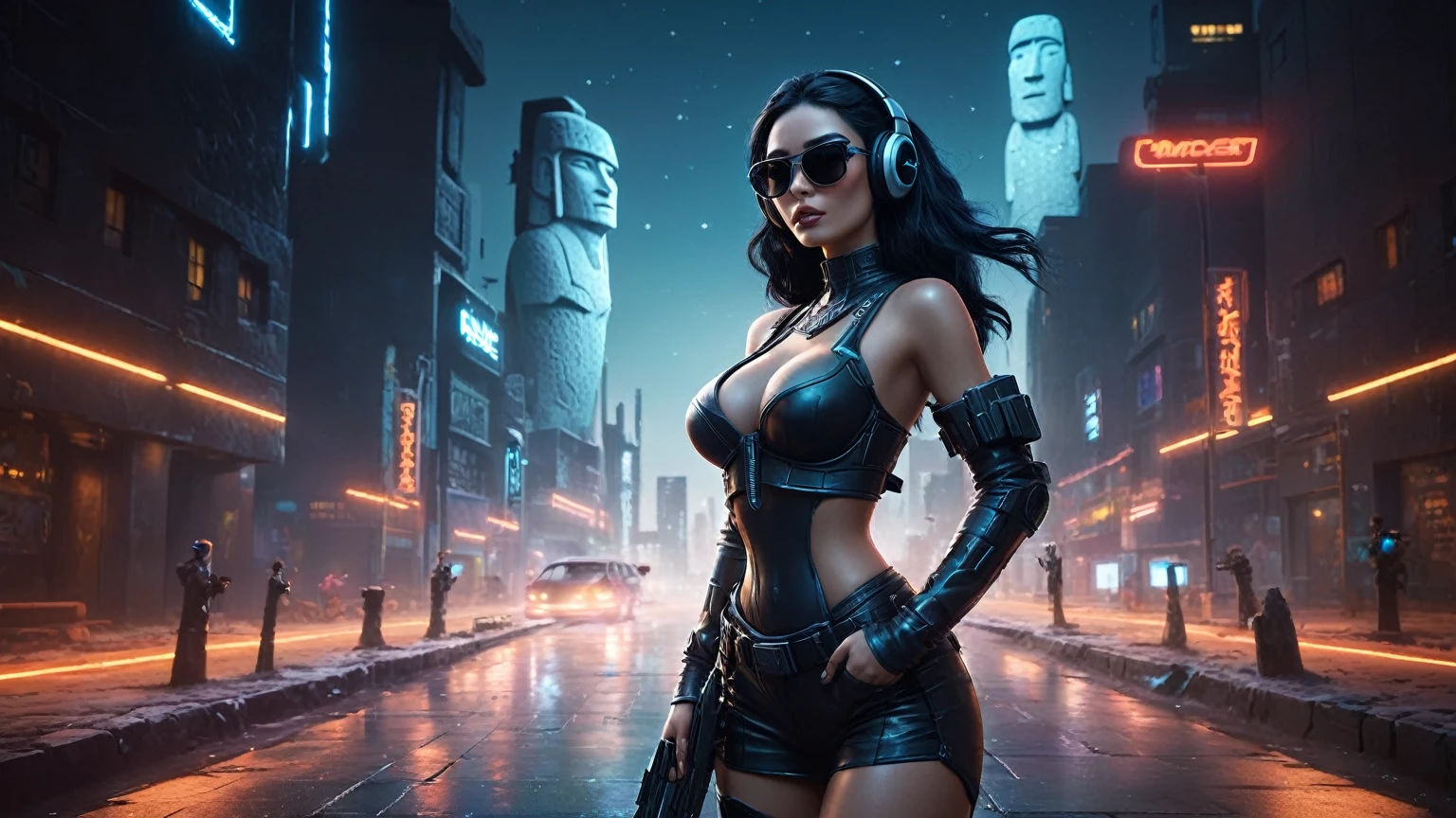 At night, dark sky, distant shot aerial view of fantasy cyberpunk style ice ((Moai-statue)) city, ((flying car)). ((1girl, solo, alone)), medium-breast:1.1 slim body, cleavage, sexy clothes, (headphone, black sunglasses, long black realistic hair), (((hip-up standing and holding pistol))), half-body thigh level medium shot, cinematic lighting.