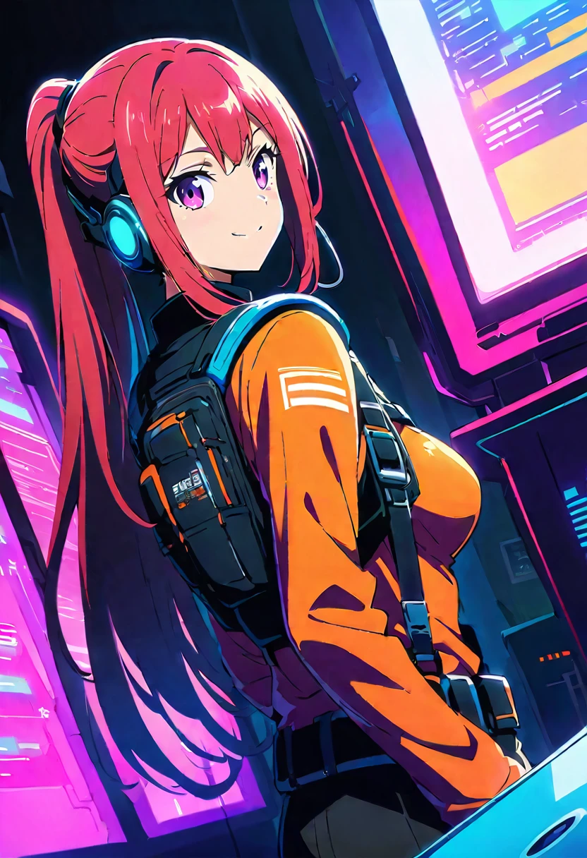 (Highest quality:1.2, Very detailed, Anime Style, Digital Painting, Studio Anime, Ultra-high resolution, High Contrast, masterpiece:1.2, Highest quality, Best aesthetics), 1 female, Neon City, Operation Roomの椅子に座っているピンク髪の女性, Long Hair, ponytail, Cyberpunk Anime, Cyberpunk Animeの女の子, Combat Uniform, Combat Uniform, Neon Effect, Cyber City, headset, goggles, Detailed communication equipment, Operation Room, Complex communication network, As shown on the display々information, Woman Turning Around, smile, Bright color palette, Studio Lighting, Wide-angle lens.tits、