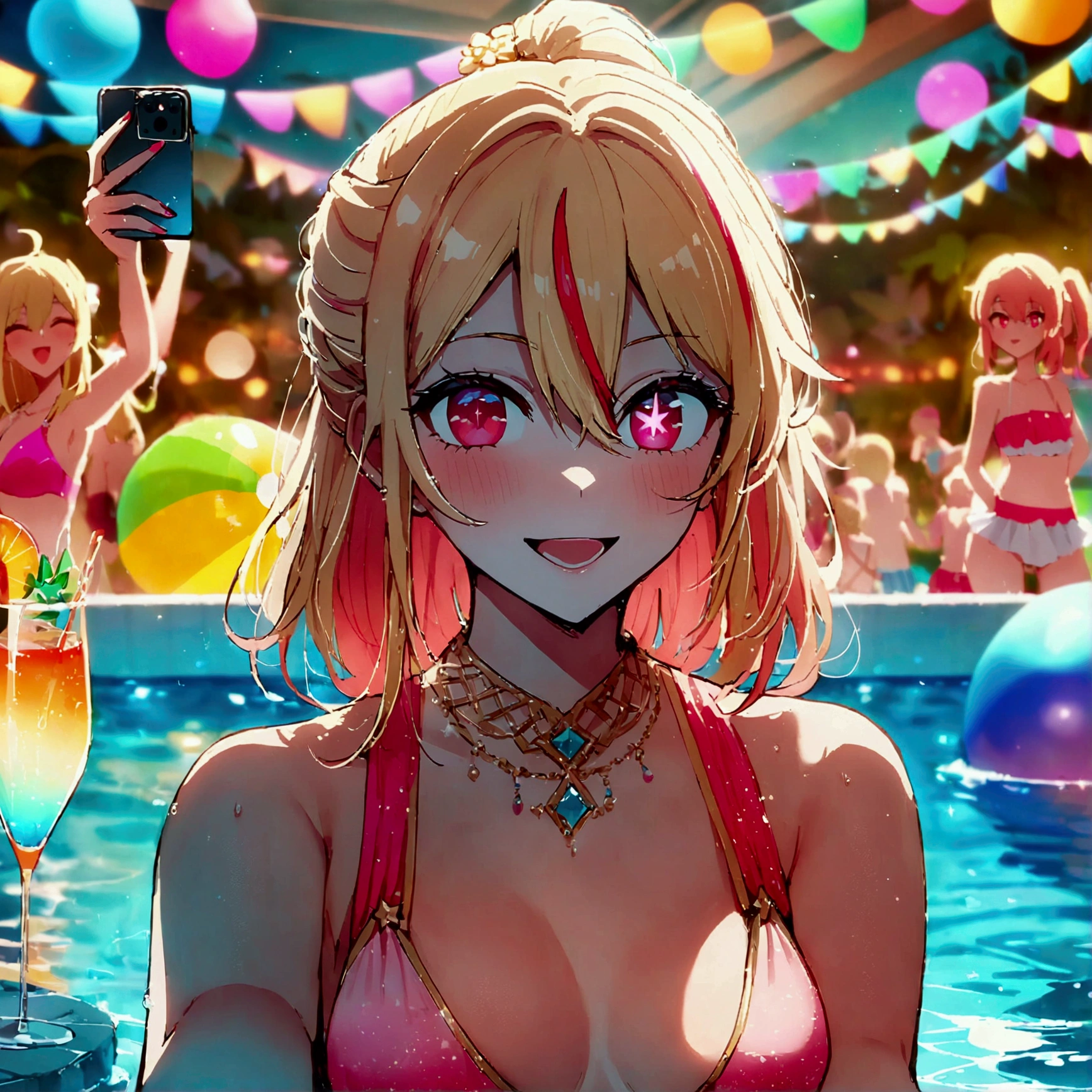 night pool, luxurious pool party venue with a large crowd, hoshinoruby, star-shaped pupils, ruby_hoshino, idol, blonde hair, bangs, pink and red eyes, streaked hair, hair between eyes, left side ponytail, medium breasts, finely detailed skin, big laughter, best quality, masterpiece, high quality, extremely detailed CG unity 8k wallpaper, intricate details, light particles, young people having fun at a pool, multi pose, everyone enjoys partying, big beach balls, caustics, glass of cocktail, (captures a selfie:1.5), looking at viewer,