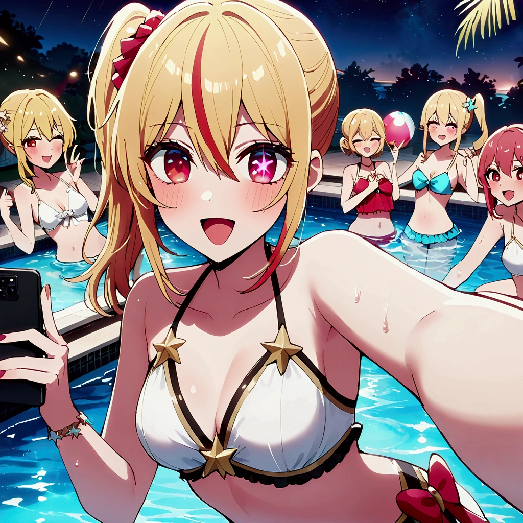 night pool, luxurious pool party venue with a large crowd, hoshinoruby, star-shaped pupils, ruby_hoshino, idol, blonde hair, bangs, pink and red eyes, streaked hair, hair between eyes, left side ponytail, medium breasts, finely detailed skin, big laughter, best quality, masterpiece, high quality, extremely detailed CG unity 8k wallpaper, intricate details, light particles, young people having fun at a pool, multi pose, everyone enjoys partying, big beach balls, caustics, glass of cocktail, (captures a selfie:1.5), looking at viewer,