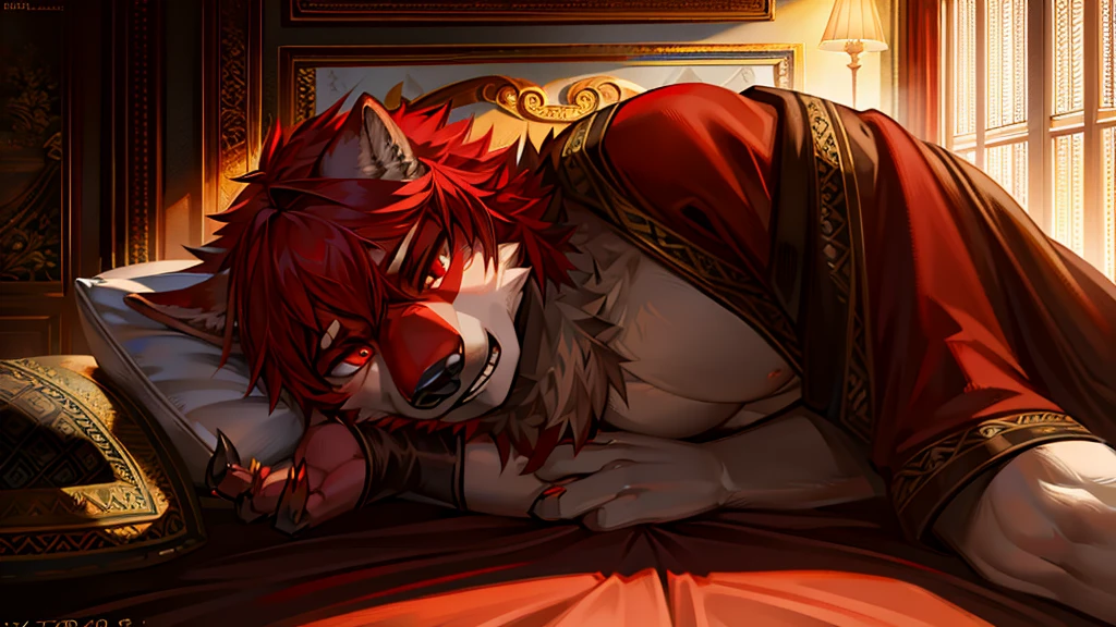 a muscular male anthro wolf with red fur and gold markings, and red eyes, seductive look, laying on a bed, (best quality,4k,8k,highres,masterpiece:1.2),ultra-detailed,(realistic,photorealistic,photo-realistic:1.37),detailed facial features,extremely detailed eyes and face,detailed muscular body,red hair,anthro,frontage,hot,seductive look,peeking,fully naked