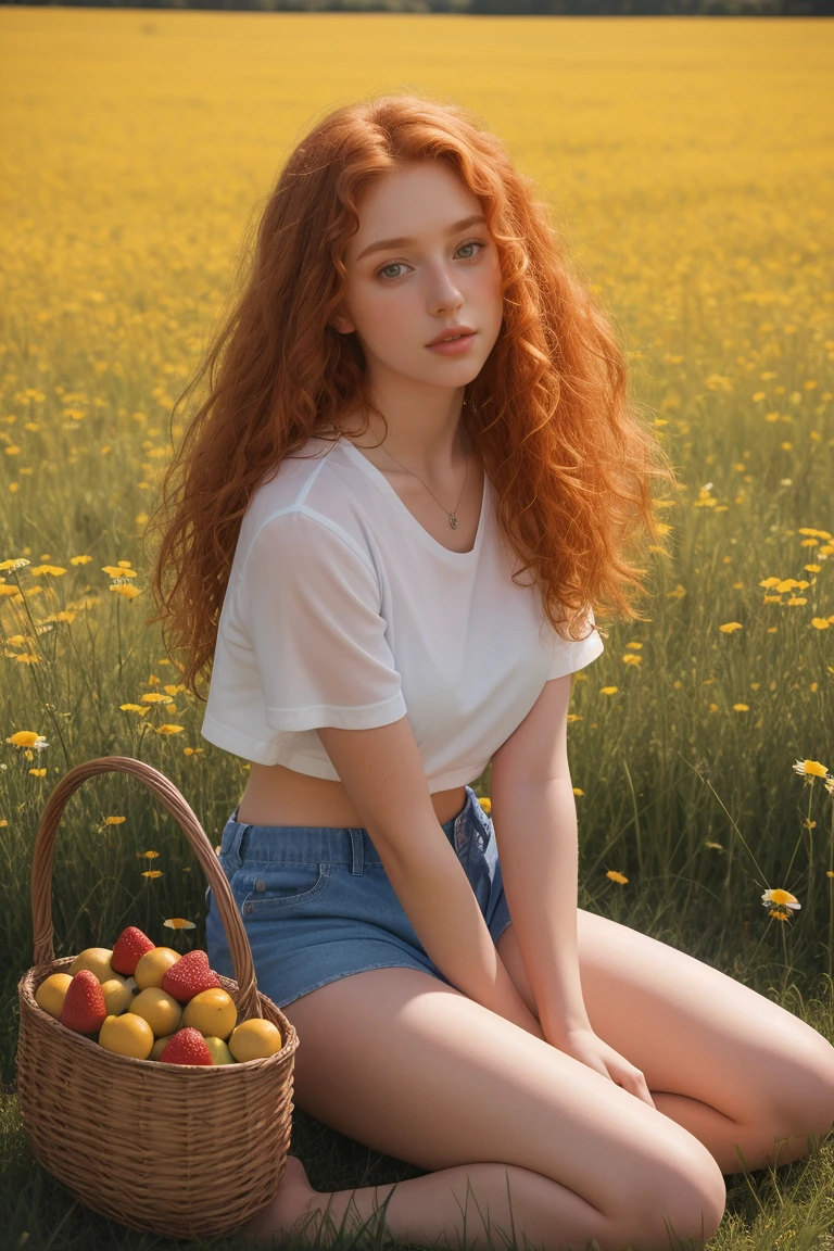 (girl:1.2),alone, (long ginger curly hair:1.1), brown eyes, naked , Sit in a daisy field, (fruit basket:1.1), blue shorts, red shirt,,raw,photographic,photo shadows,actual,Ridiculous,Aesthetic,elegant