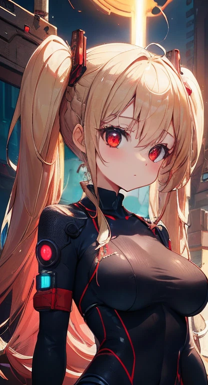 Excellent,work of art,centred, high resolution,highest quallity,hiper HD,very detailled,awardwinning,16K,standing alone,(trunk),anatomical correct,Cute cyberpunk girl,upper body photos、cute face,,blond、long hair、twin tails、braid, thin line,((scarlet eyes)),long eyelashes,drooping eyelids,Caucasian skin,((shoot head on:1.5)), ((skintight:1.5)), Top of the clock、rocket ship , (breasts big),