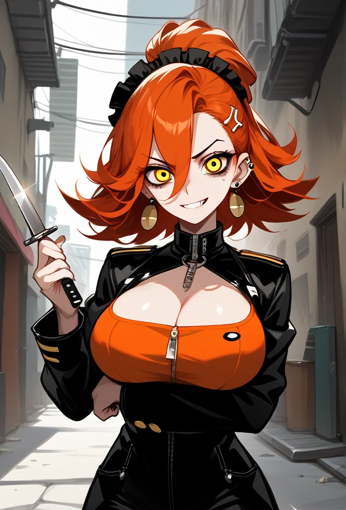 masterpiece, best quality, mature woman, mature face, trimmed hairstyle, red hair, mature face, hot face, glossy lips, gobby lips, sharp eyes, big breasts, voluptuous body, golden eyes, (bandit outfit, bandit bandana), looking at viewer, tough appearance, alley, (looking serious), yandere face, flirting smile, (glaring eyes, piercing eyes), yandere expression, (holding dagger)
