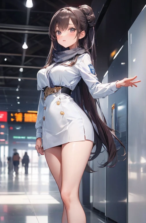 (work of art:1.2、highest quallity:1.2)、32k HDR、high resolution、(standing alone、1 girl、slender figure)、(Realistic style with Starlux Airlines uniform)、 (in the airport lobby, professional lighting)、A suitable woman, beautiful face,、(Starlux Airlines silver uniform:1.4)、(半袖のStarlux Airlines silver uniform)、(chest scarf)、breasts big、(long hair updo、hair bun)、dark brown hair、Long shot、((fine hand:2.0))、((Harmonious body proportions:1.5))、((normal limbs:2.0))、((normal finger:2.0))、((Delicate Eyes:2.0))、((normal eyes:2.0)))、Beautiful standing posture、ssmile