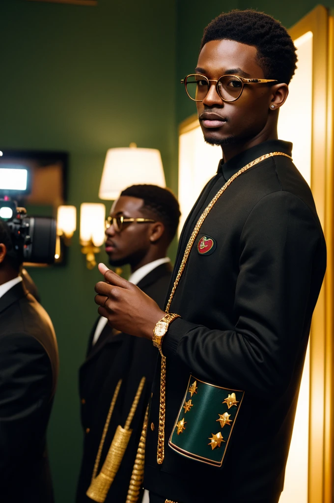 young black men wearing gucci with gold diamonds glasses , 4:3, photo 12k resolution hash flash lighting, shot on ALEXA 65, Velvia 100 , underexposed, Voigtlnder Nokton 50mm f1.1, in the style of Martin Nikon Z 8 with Zoom Lens | with 24-120mm