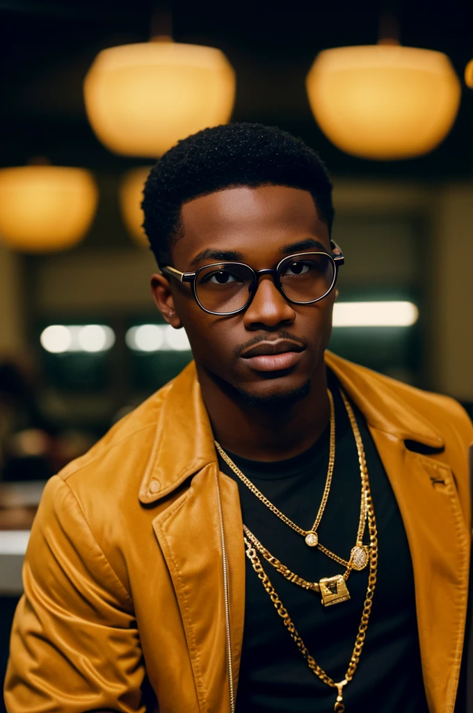 young black men wearing gucci with gold diamonds glasses , 4:3, photo 12k resolution hash flash lighting, shot on ALEXA 65, Velvia 100 , underexposed, Voigtlnder Nokton 50mm f1.1, in the style of Martin Nikon Z 8 with Zoom Lens | with 24-120mm