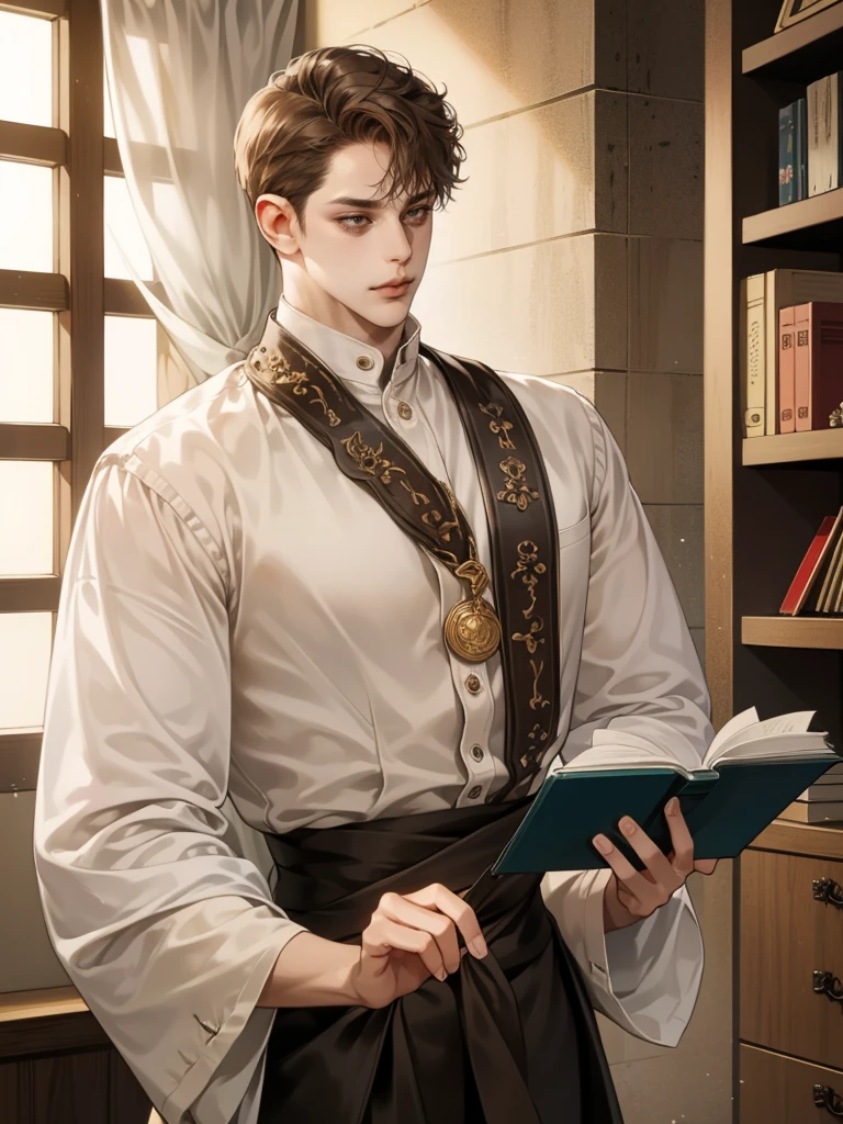 masterpiece, Best quality, realistic, 1 person, Mature man, Quiet and charming young man, 25 years, waist up very detailed face, narrow shoulders, Middle Ages, 19th century,, ((golden eyes)), ((Short, dark brown hair combed to the right)), [thick eyebrows], Cinematic lighting, I look at the audience, posture dynamics, , grin, Spectacled, dress the doctor, monocle, In the hands of a book, behind there is a cabinet with medicines and herbs, books, in room