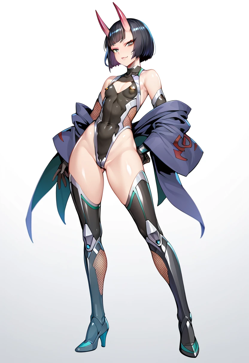 score_9, score_8_superior, score_7_superior, ((Cowboy Shot)), One girl, shuten_lad_\(destiny\), Black Hair, horn, Blunt bangs, short hair, kimono, kimono, Flat Chest, (taimanin suit), (Bodysuits), Simple Background, White Background,
(armor), Clothing cutouts, High leg cut, leotard, impossible leotard, shiny leotard, Elbow hand pockets, Knee socks, Fishnet tights, boots, High heels, Shiny body, Combat Stance