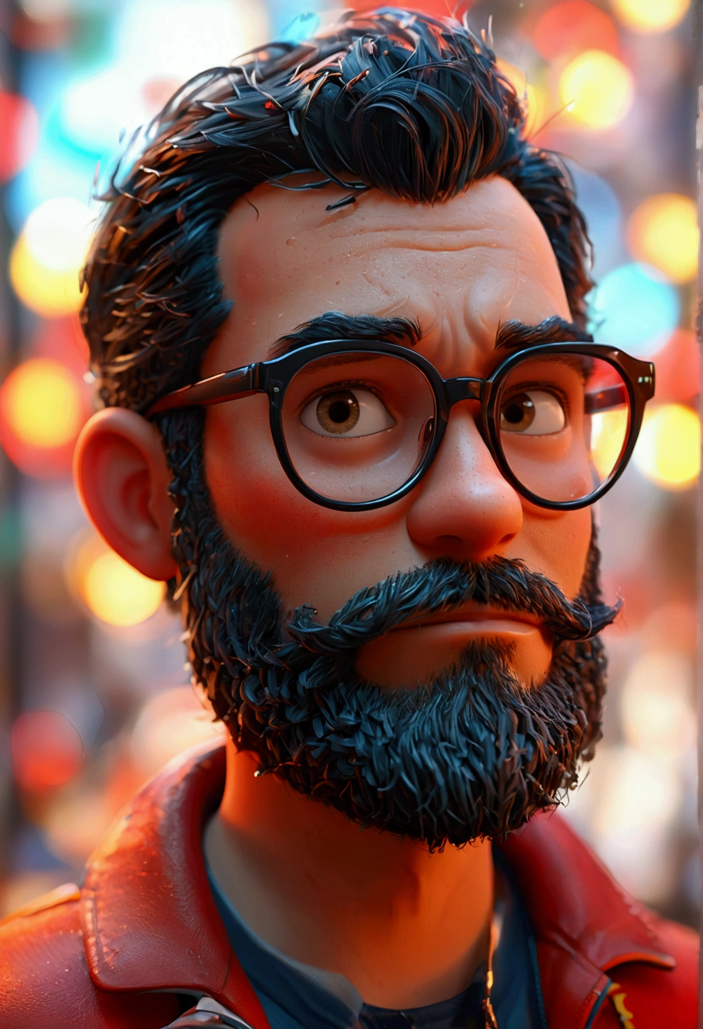 Cartoon character of a dark-haired man with short black glasses and a red one with sublimated letters "harris", straight hair, Teacher animation character, stylized character, animation style rendering, 3D stylized, Arnold Maya rendering, Render 3D stylized, Toon render keyshot, 3D character, 3D character, Stylized 3D rendering, 3d character rendering, cartoon character, Close-up character, Character pose,  (Pixar Style) (master part:1.2) (bokeh) (Best Quality) (detailed skin) (Detailed texture) (8k) (clay) (cinematic lighting) (sharp focus)