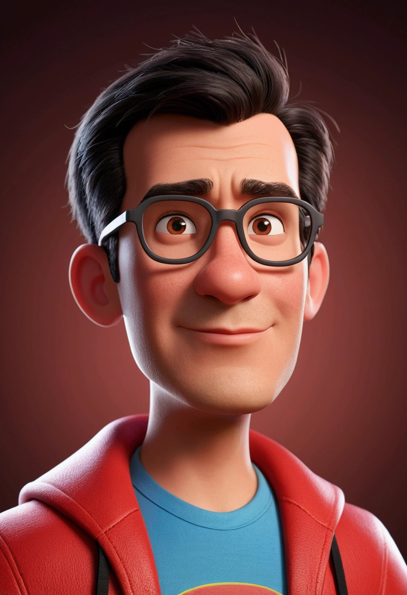 Cartoon character of a dark-haired man with short black glasses and a red one with sublimated letters "harris", straight hair, Teacher animation character, stylized character, animation style rendering, 3D stylized, Arnold Maya rendering, Render 3D stylized, Toon render keyshot, 3D character, 3D character, Stylized 3D rendering, 3d character rendering, cartoon character, Close-up character, Character pose, (Pixar Style) (master part:1.2) (bokeh) (Best Quality) (detailed skin) (Detailed texture) (8k) (clay) (cinematic lighting) (sharp focus)