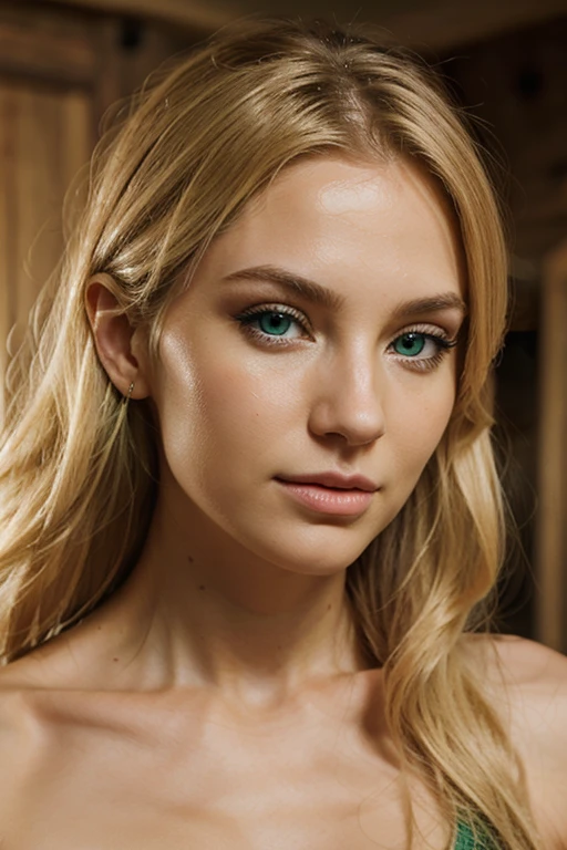 Very realistically generated the face of a blonde woman with green eyes and a thin nose