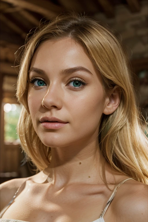 Very realistically generated the face of a blonde woman with green eyes and a thin nose