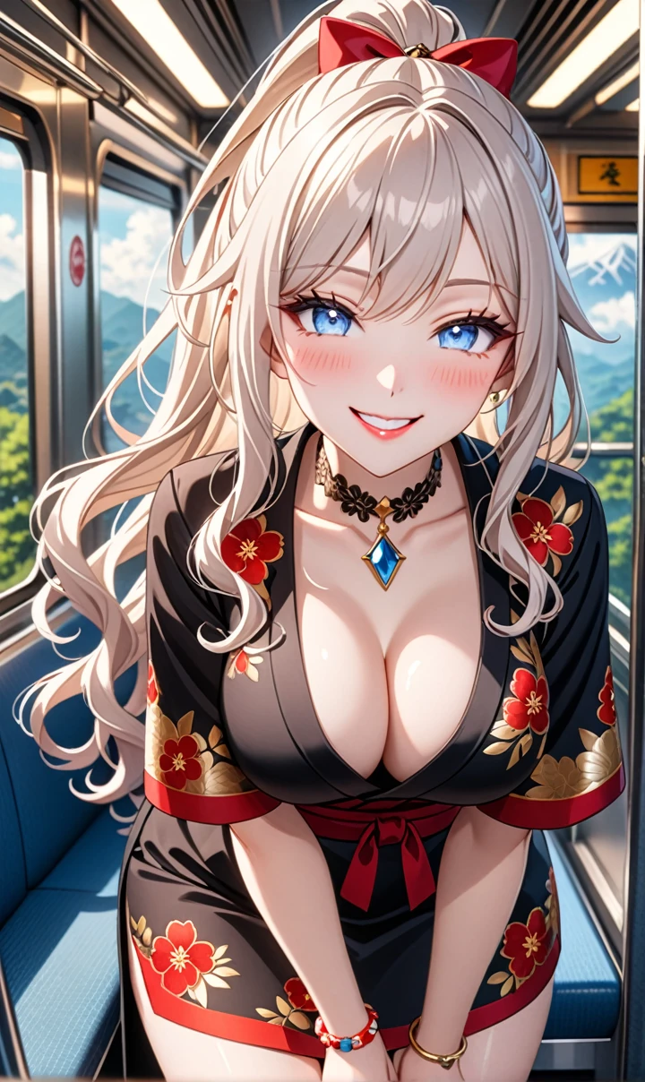 ultra-detailed, ((one girl)), (nsfw:1.4), (pale skin:1.4), in pastel colors gyaru, (heavy makeup), hyper detailed, absurdres, 8K, Beautiful Face, (Laugh shyly), ((teasing smile:1.8)), ((Wink:1.6)), (Laugh with your mouth wide open),((Tilt your face:1.6)), View your viewers, ((full-face blushed:1.5)),Glossy Red Lips, ((Big Breasts:1.5)), ((undressing:1.3)), ((Exposed nipples)), noon, on the train, (Brighten your face), ((Anime style background)),masterpiece, Highest quality, so beautiful,Latest, Complex details, (Red long nails), (nail art), (ring),(bracelet), (Floral Choker),AI-generated, Complex,High resolution, Highest quality, super high quality,3D Images、3D Images,One person,Long white hair,(High Ponytail), (wavy hair:1.3), White haired anime woman posing for a photo, ((Fine grain、blue eyes、glowing eyes:1.5)), (Squint your eyes:1.1),a hyperRealistic , hyperRealistic , Realistic,Anime woman with long white hair, Smooth anime CG art, (A girl in a gorgeous black kimono), ((Black furisode:1.3)), (Gold embroidery), (Red floral embroidery),ring,Mature Body, tall,Narrow waist, ((Sit in the seat)), ((leaning forward:1.6)), ((hand between legs:1.2)), (from above), ((incoming kiss)),