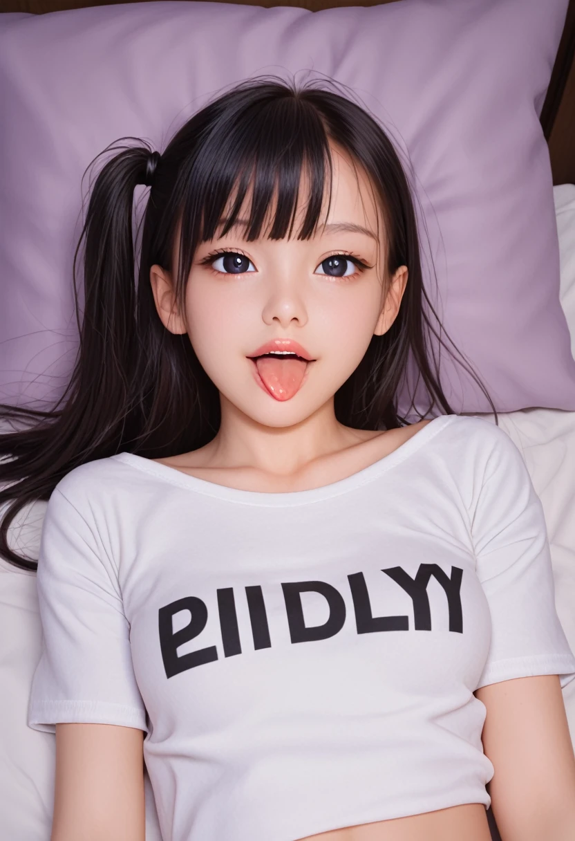pastel colors colors t-shirt,off-shoulder look,bare shoulder,ollarbone,midriff peek,hot pants,(open mouth:1.5),(tongue out:2),lying,arms between legs,overhead shot,front view,face focus,(1girl,Beautiful 14 year old girl),((Slender,Small breasts,Small face,)),(looking at viewer),Black Hair,bangs,one side up,Beautiful and detailed,(Dimly lit room:1.5),White bed,pillow,Mischievous smile