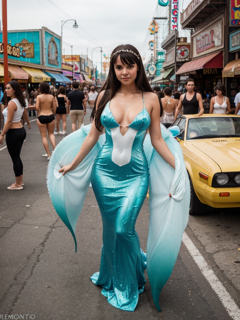 generated a full body of a 21 years old young white woman with dark brown hair, medium size chest , she wear fantastical costumes inspired by the little mermaids, creating a vibrant and unique spectacle, on coney island street, make the picture super detailed, 32k hud