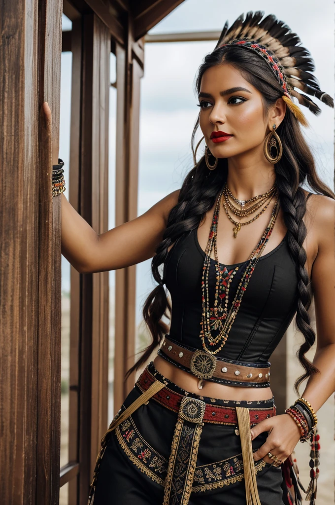 karen: Loud Voice
*Personality*:
- Cheerful and lively, always in movement, very expressive and emotional in her performances Long curly blonde hair

*outfit*:
- *Mix of indigenous and metal*: tight black pants, white shirt with painted muisca details, corset or waistband over the shirt.
- *accessories*: Necklaces and bracelets with Colombian indigenous motifs, wide decorated belts, seed headdresses.
- *shoes*: military boots.
- *make-up*: smoky eyes with terracotta colors, gold and black.
- Red lips.
- *Additional details*: indigenous embroidery, asymmetrical skirts over pants, colored ribbons in hair.