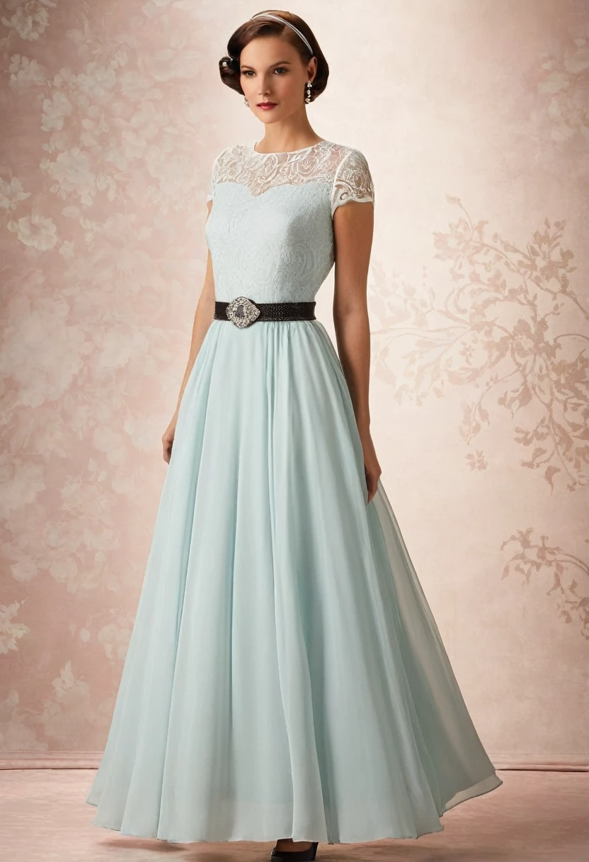 full-length ,dress with a design inspired by the 1920s or 1950s. Featuring puffy skirts, lace and chiffon details, and bejeweled belts.