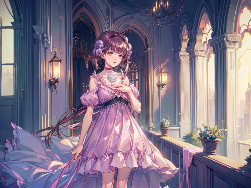 Reala, hair ornament, red choker, pink dress, (masterpiece, Absurd quality, Highest quality, Official Art, beautifully、aesthetic:1.2), 16K, Cute girl, Very detailed, Digital Art, colorful, Most detailed, Bright colors, (Conversion Sequence), Baby Face, Cinema Lighting, Dynamic Angle, landscape, scenery, (difficult:1.5), (One girl:1.5), (indoor:1.5), Bedroom, lamp, (Hotel Rooms:1.3), (Very detailed lips:1.3), eyelash, Very detailed顔, (Perfect Legs, Perfect hands, Perfect Anatomy:1.1), Depth of written boundary, Speckled sunlight, Beautiful lighting, Little, Floating Hair,