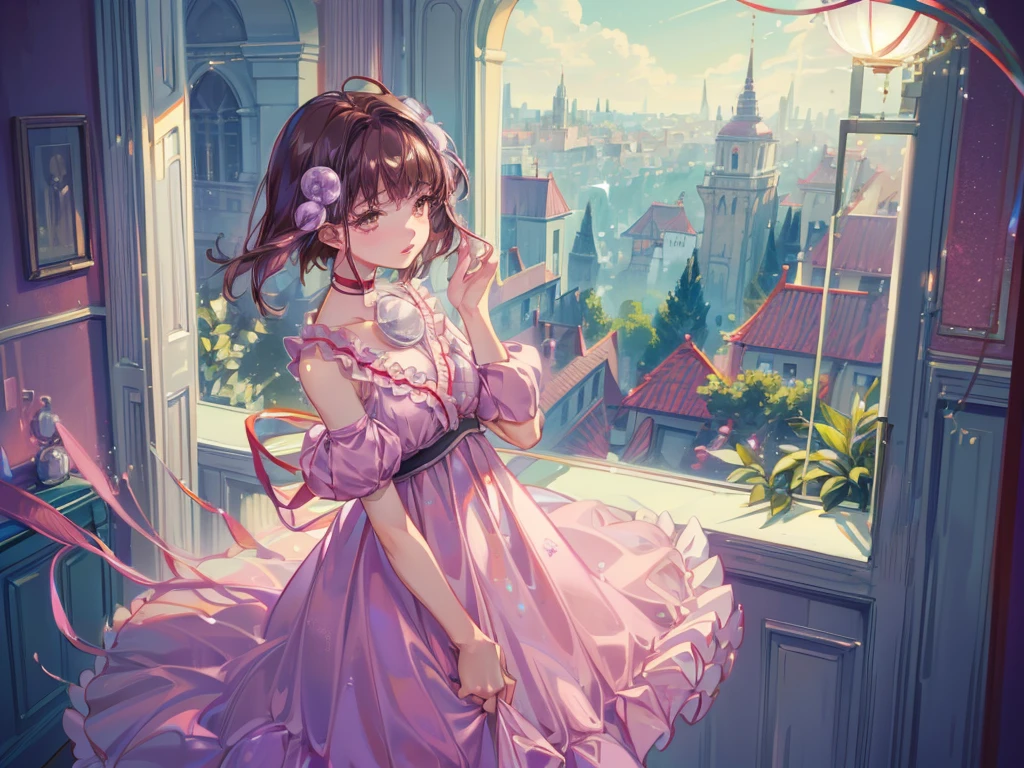 Reala, hair ornament, red choker, pink dress, (masterpiece, Absurd quality, Highest quality, Official Art, beautifully、aesthetic:1.2), 16K, Cute  girl, Very detailed, Digital Art, colorful, Most detailed, Bright colors, (Conversion Sequence), Baby Face, Cinema Lighting, Dynamic Angle, landscape, scenery, (difficult:1.5), (One girl:1.5), (indoor:1.5), Bedroom, lamp, (Hotel Rooms:1.3), (Very detailed lips:1.3), eyelash, Very detailed顔, (Perfect Legs, Perfect hands, Perfect Anatomy：1.1), Depth of written boundary, Speckled sunlight, Beautiful lighting, Little, Floating Hair,