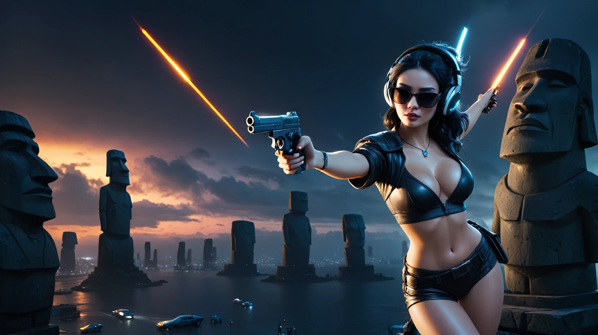 At night, dark sky, distant shot aerial view of fantasy cyberpunk style ice ((Moai-statue)) city, ((flying car)). ((1girl, solo, alone)), medium-breast:1.1 slim body, cleavage, sexy clothes, (headphone, black sunglasses, long black realistic hair), (((hip-up standing and holding pistol))), half-body thigh level medium shot, cinematic lighting.