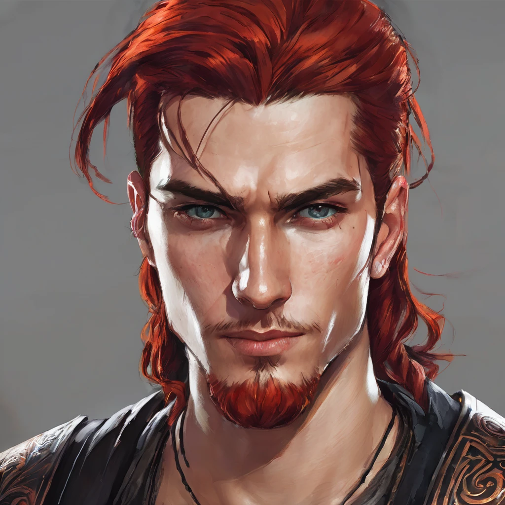 A male fantasy character with red hair. His eyes are red. He has dimples on his cheeks, siyah bir ceket ve siyah bir pantalon giyiyor. There are bandages on his chest and one arm:  There are black marks from his wrist to his neck. ceketin eteklerinde tutuşmuş alevler var.