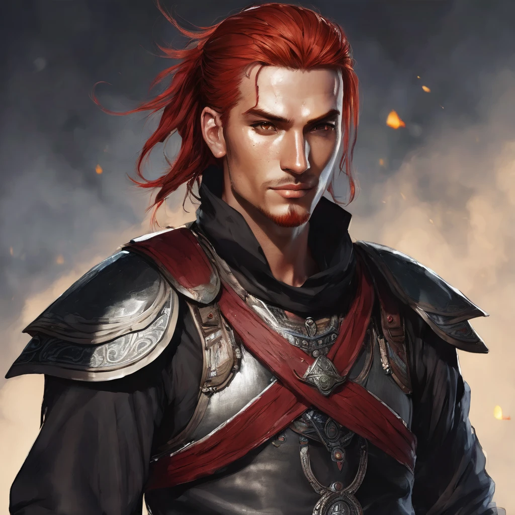 A male fantasy character with red hair. His eyes are red. He has dimples on his cheeks, siyah bir ceket ve siyah bir pantalon giyiyor. There are bandages on his chest and one arm:  There are black marks from his wrist to his neck. ceketin eteklerinde tutuşmuş alevler var.