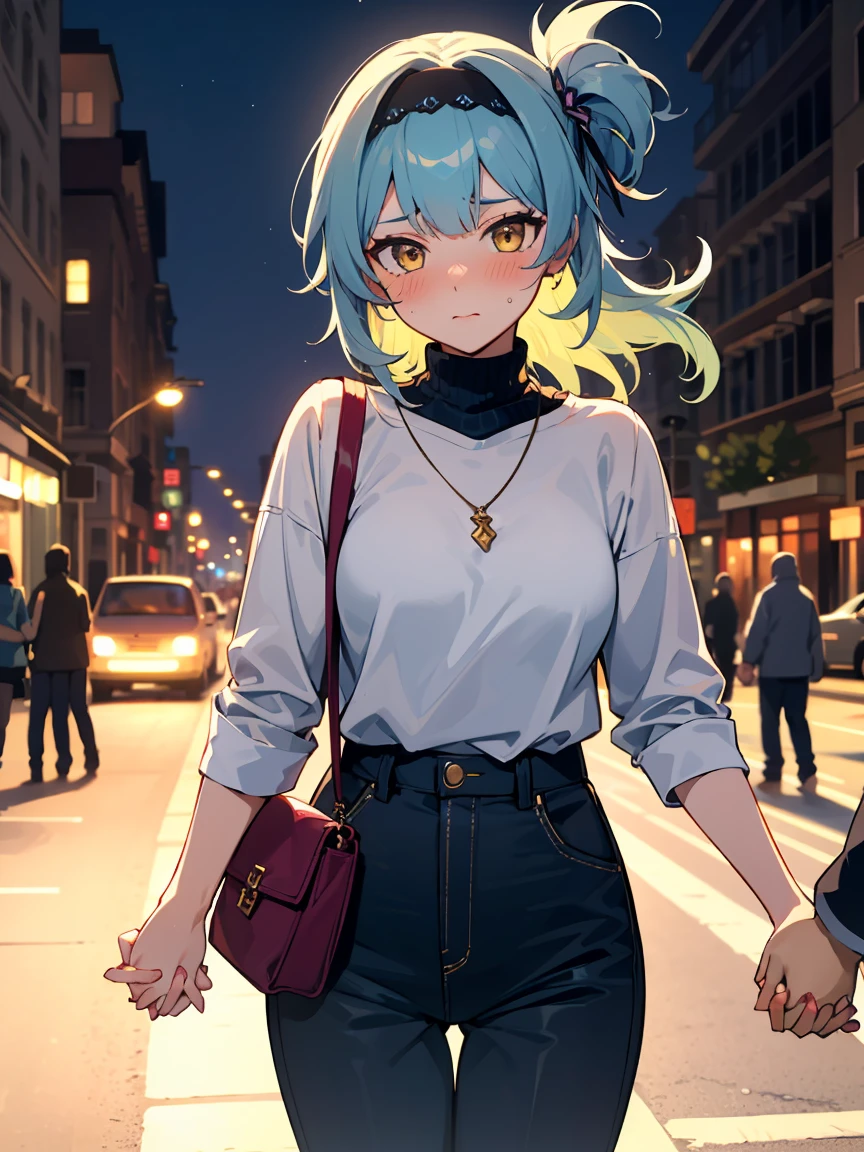 SFW, masterpiece, standing (woman 1), (((cute pose)), ((casual clothes))), yellow eyes, pouder blue hair, cute blush, (city), wind, blush, ((milf)), night, busy street, turtleneck, (holding hands pov:1.6), perfect hands, purse