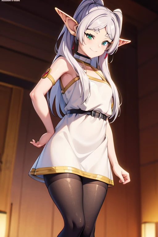 with elf ears, taking the dress and showing the panties, tight panties and a big vagina