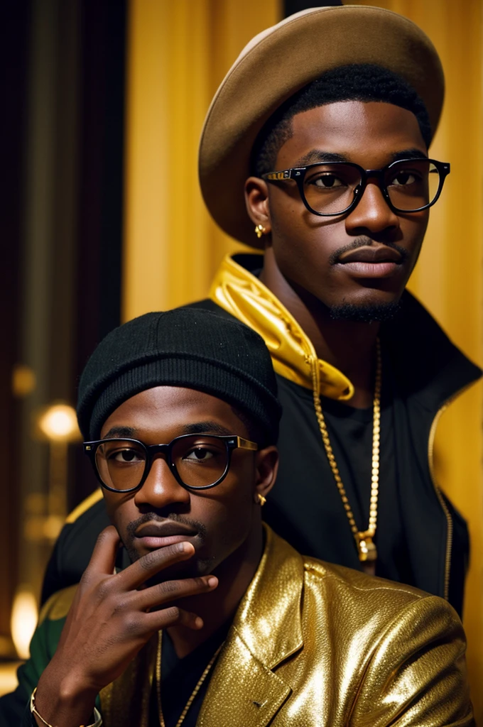 young black men wearing gucci with gold diamonds glasses , 4:3, photo 12k resolution hash flash lighting, shot on ALEXA 65, Velvia 100 , underexposed, Voigtlnder Nokton 50mm f1.1, in the style of Martin Nikon Z 8 with Zoom Lens | with 24-120mm