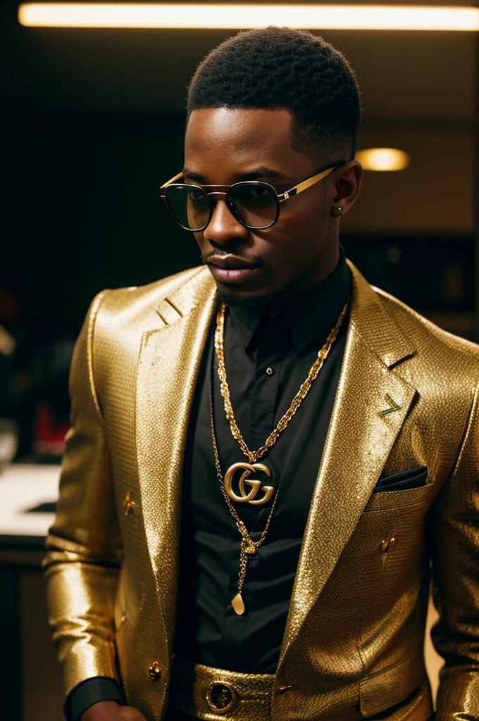 young black men wearing gucci with gold diamonds glasses , 4:3, photo 12k resolution hash flash lighting, shot on ALEXA 65, Velvia 100 , underexposed, Voigtlnder Nokton 50mm f1.1, in the style of Martin Nikon Z 8 with Zoom Lens | with 24-120mm
