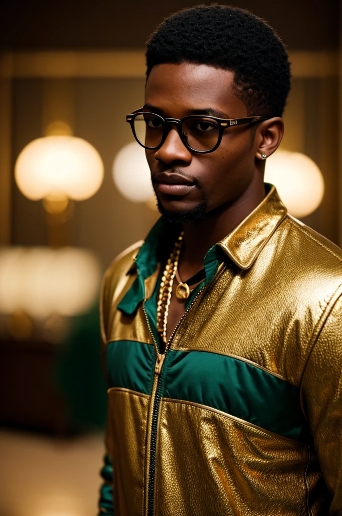 young black men wearing gucci with gold diamonds glasses , 4:3, photo 12k resolution hash flash lighting, shot on ALEXA 65, Velvia 100 , underexposed, Voigtlnder Nokton 50mm f1.1, in the style of Martin Nikon Z 8 with Zoom Lens | with 24-120mm