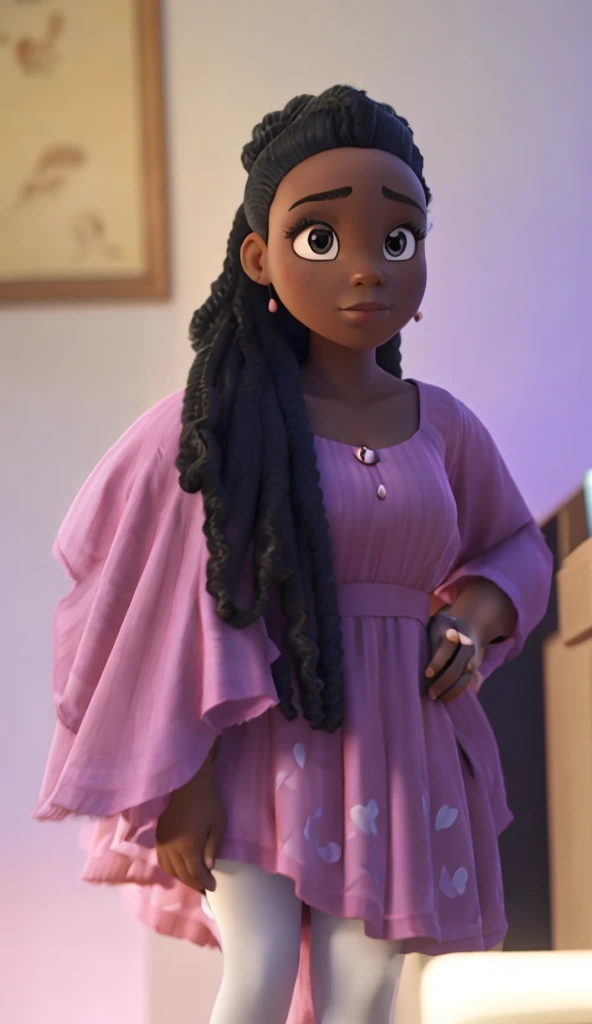 A black woman with afro black hair wearing a pink dress.