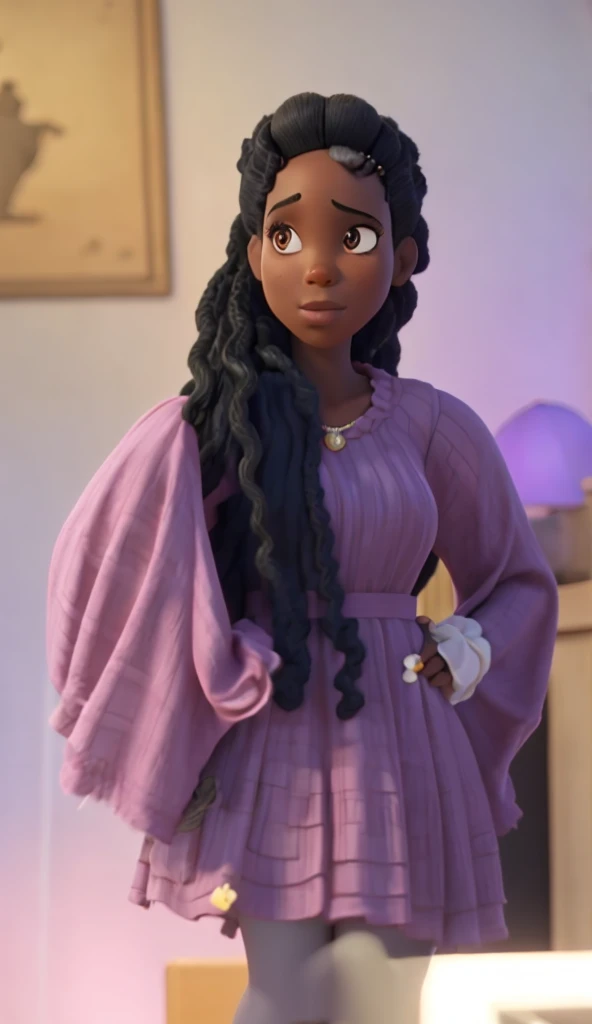 A black woman with afro black hair wearing a pink dress.