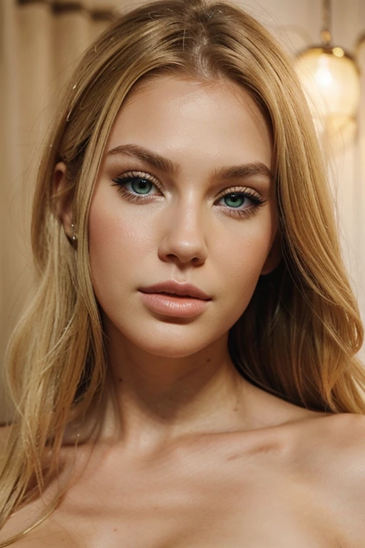 Generates in very realistic the face of a blonde woman and green eyes and thin nose with big lips