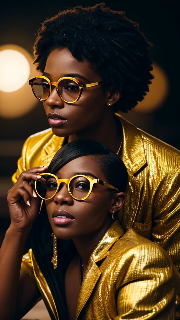 young black men and woman with gold diamonds glasses , 4:3, photo 12k resolution hash flash lighting, shot on ALEXA 65, Velvia 100 , underexposed, Voigtlnder Nokton 50mm f1.1, in the style of Martin Nikon Z 8 with Zoom Lens | with 24-120mm