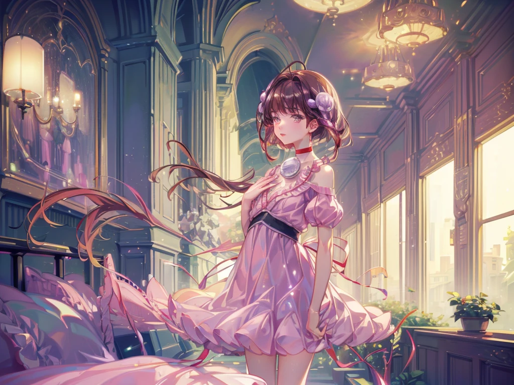 Reala, hair ornament, red choker, pink dress, (masterpiece, Absurd quality, Highest quality, Official Art, beautifully、aesthetic:1.2), 16K, Cute  girl, Very detailed, Digital Art, colorful, Most detailed, Bright colors, (Conversion Sequence), Baby Face, Cinema Lighting, Dynamic Angle, landscape, scenery, (difficult:1.5), (One girl:1.5), (indoor:1.5), Bedroom, lamp, (Hotel Rooms:1.3), (Very detailed lips:1.3), eyelash, Very detailed顔, (Perfect Legs, Perfect hands, Perfect Anatomy：1.1), Depth of written boundary, Speckled sunlight, Beautiful lighting, Little, Floating Hair,