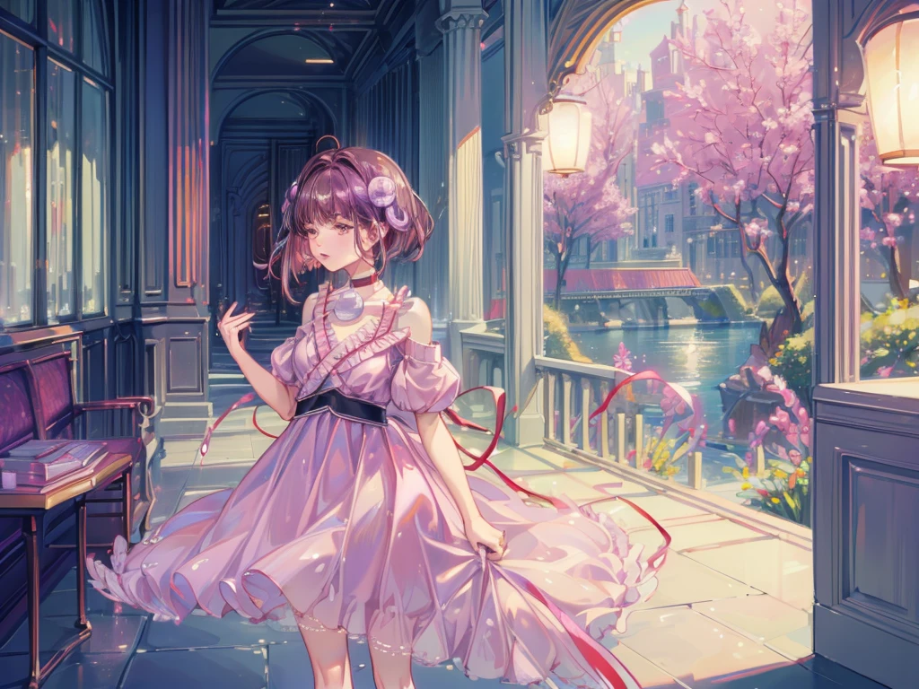 Reala, hair ornament, red choker, pink dress, (masterpiece, Absurd quality, Highest quality, Official Art, beautifully、aesthetic:1.2), 16K, Cute  girl, Very detailed, Digital Art, colorful, Most detailed, Bright colors, (Conversion Sequence), Baby Face, Cinema Lighting, Dynamic Angle, landscape, scenery, (difficult:1.5), (One girl:1.5), (indoor:1.5), Bedroom, lamp, (Hotel Rooms:1.3), (Very detailed lips:1.3), eyelash, Very detailed顔, (Perfect Legs, Perfect hands, Perfect Anatomy：1.1), Depth of written boundary, Speckled sunlight, Beautiful lighting, Little, Floating Hair,