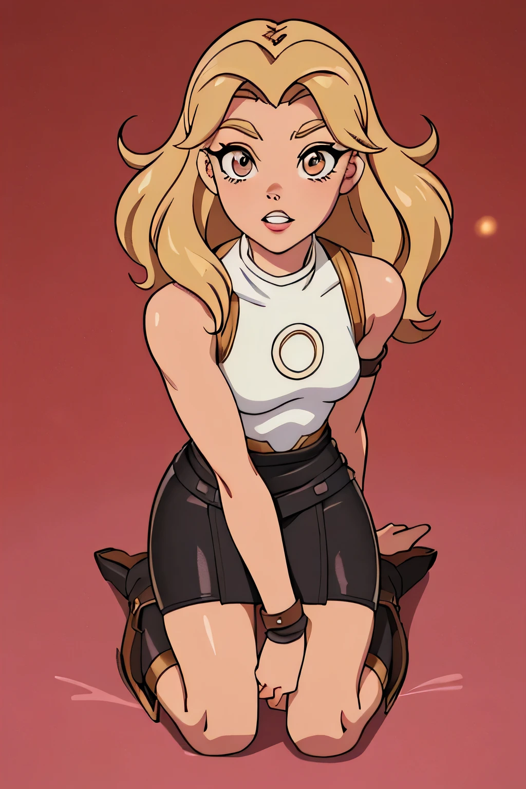 (From above), beautiful 1 girl, whole body, adolescent, Alone, ((1,52 meters, weight 45 kilos, (creamy light skin), dark blonde hair, straight and wavy. (the eyes are very bright and large brown), (the lips are thin and well formed, red in color), (the nose is delicate, straight and small). (teeth are white and well aligned), (the body is thin and muscular, especially in the legs))), bottom, looking away, ((wearing leather Warcraft leather armor, leather warrior skirt: 1.1), looking at the viewer, (down on my knees, looking at the viewer: 1.22)), Masterpiece, Best Quality, trabajo de renderizado 3D ,3DMM style, close up, portrait, 3D,