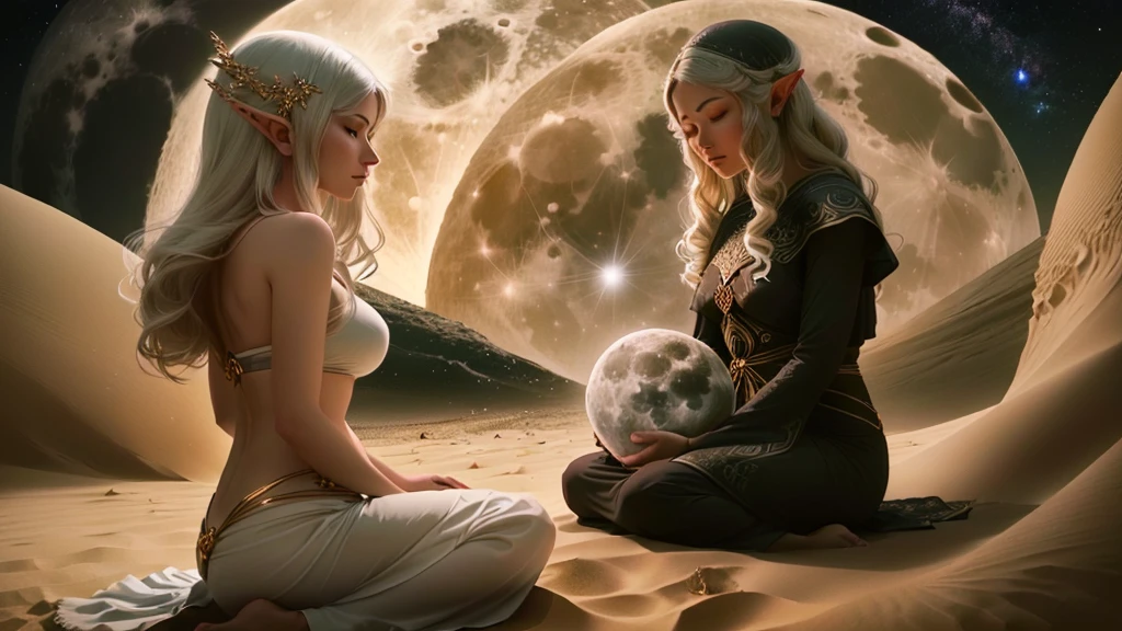 woman sitting in the sand with a full moon in the background, sitting on a moon, powerful woman sitting in space, moon goddess, full moon buried in sand, the moon presence, focus on the moon, lunar goddess, looking at the full moon, moon, elven spirit meditating in space, nocturnal spiritual scene, goddess of the moon, in the moon