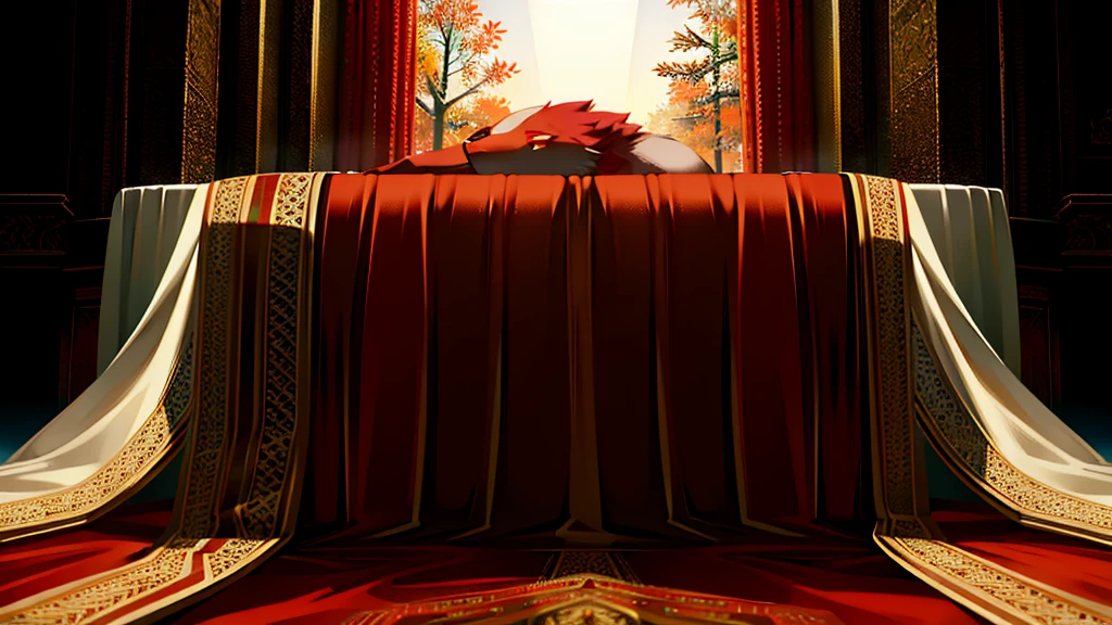 a muscular male anthro wolf with red fur, gold markings, and red eyes,seductive look, laying on a bed, (best quality,4k,8k,highres,masterpiece:1.2),ultra-detailed,(realistic,photorealistic,photo-realistic:1.37),detailed facial features,extremely detailed eyes and face,detailed muscular body,red hair,anthro,frontage, fully naked