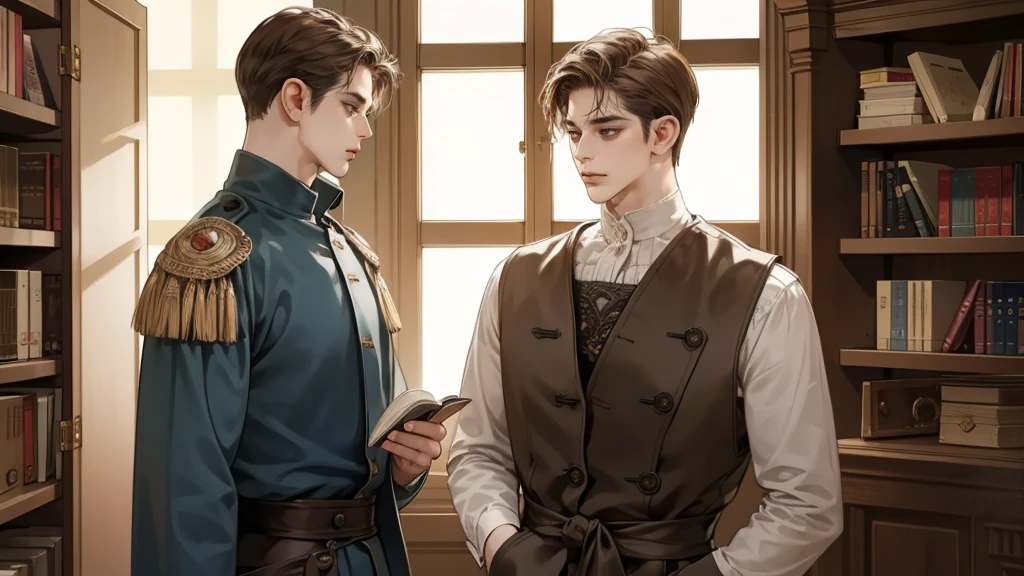 masterpiece, Best quality, realistic, 1 person, Mature man, Quiet and charming young man, 25 years, waist up very detailed face, narrow shoulders, thin, Middle Ages, 19th century,, ((golden eyes)), ((Short, dark brown hair combed to the right)), [thick eyebrows], Cinematic lighting, I look at the audience, posture dynamics, dress the doctor, monocle, In the hands of a book, behind there is a cabinet with medicines and herbs, books, standing indoors