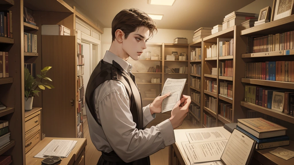 masterpiece, Best quality, realistic, 1 person, Mature man, Quiet and charming young man, 25 years, waist up very detailed face, narrow shoulders, thin, Middle Ages, 19th century,, ((golden eyes)), ((Short, dark brown hair combed to the right)), [thick eyebrows], Cinematic lighting, I look at the audience, posture dynamics, dress the doctor, monocle, In the hands of a book, behind there is a cabinet with medicines and herbs, books, standing indoors