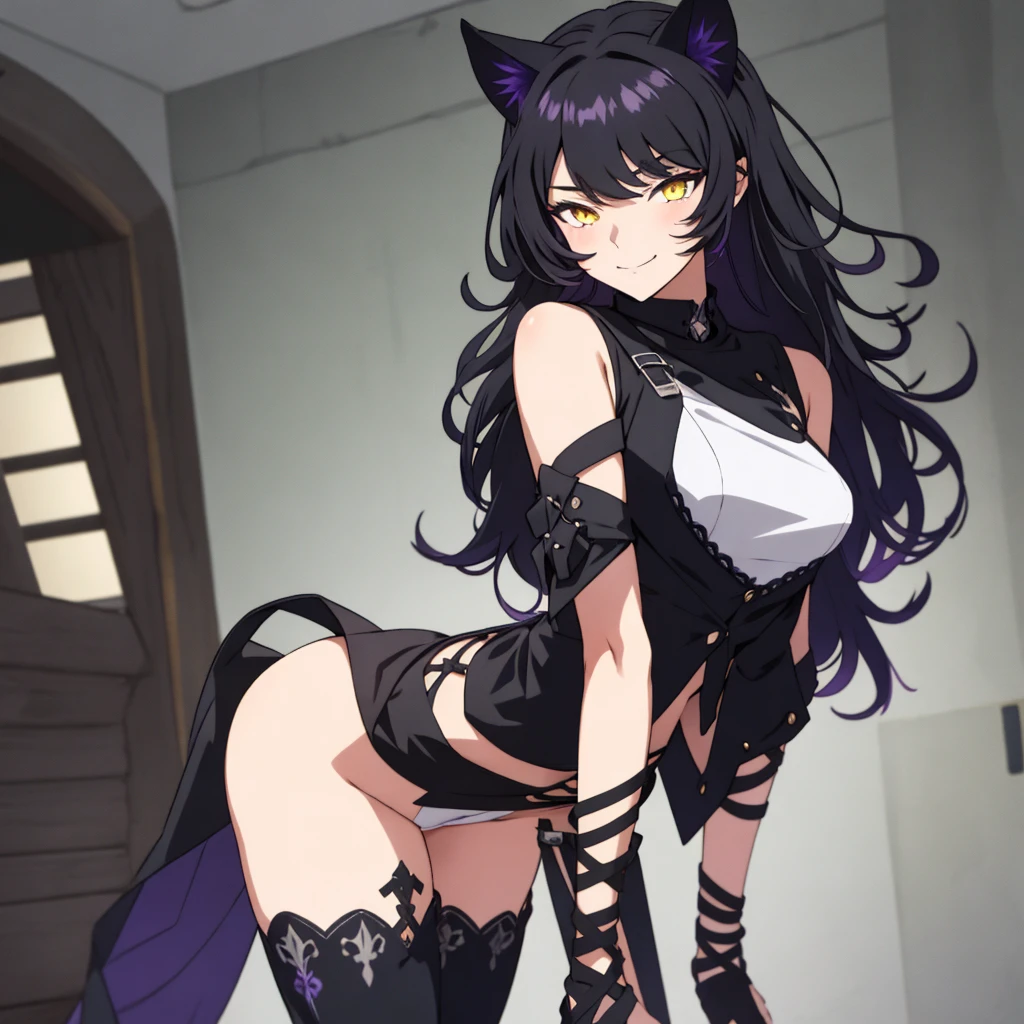 belladonna、Cat's ears、1girl in、solo、length hair、middlebreasts、A dark-haired、yellow eyes、A smile、is standing、dynamicposes、8K、masterpiece、top-quality、absurderes、perfect anatomia、cowboy shot、White shorts、Sleeveless High Neck White Crop Shirt、One Button Tail Black Vest、Black Low Heel Boots、Stockings with gradient from black to purpletop-quality、hight resolution, xxx, nsfw, sex, naked body sex, hentai, penetration, dildo masturbating
