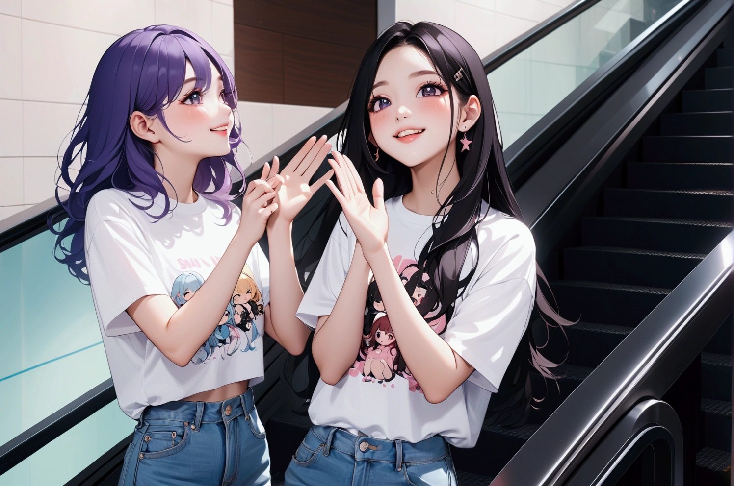 three girls are standing on an escalator and smiling, kda and sam yang, waving, jaeyeon nam, captured on canon eos r 6, waving and smiling, jossi of blackpink, appearing in a shopping mall, nixeu and sakimichan, 😭 🤮 💕 🎀, tzuyu from twice, cutecore, uwu, jr sc maglev