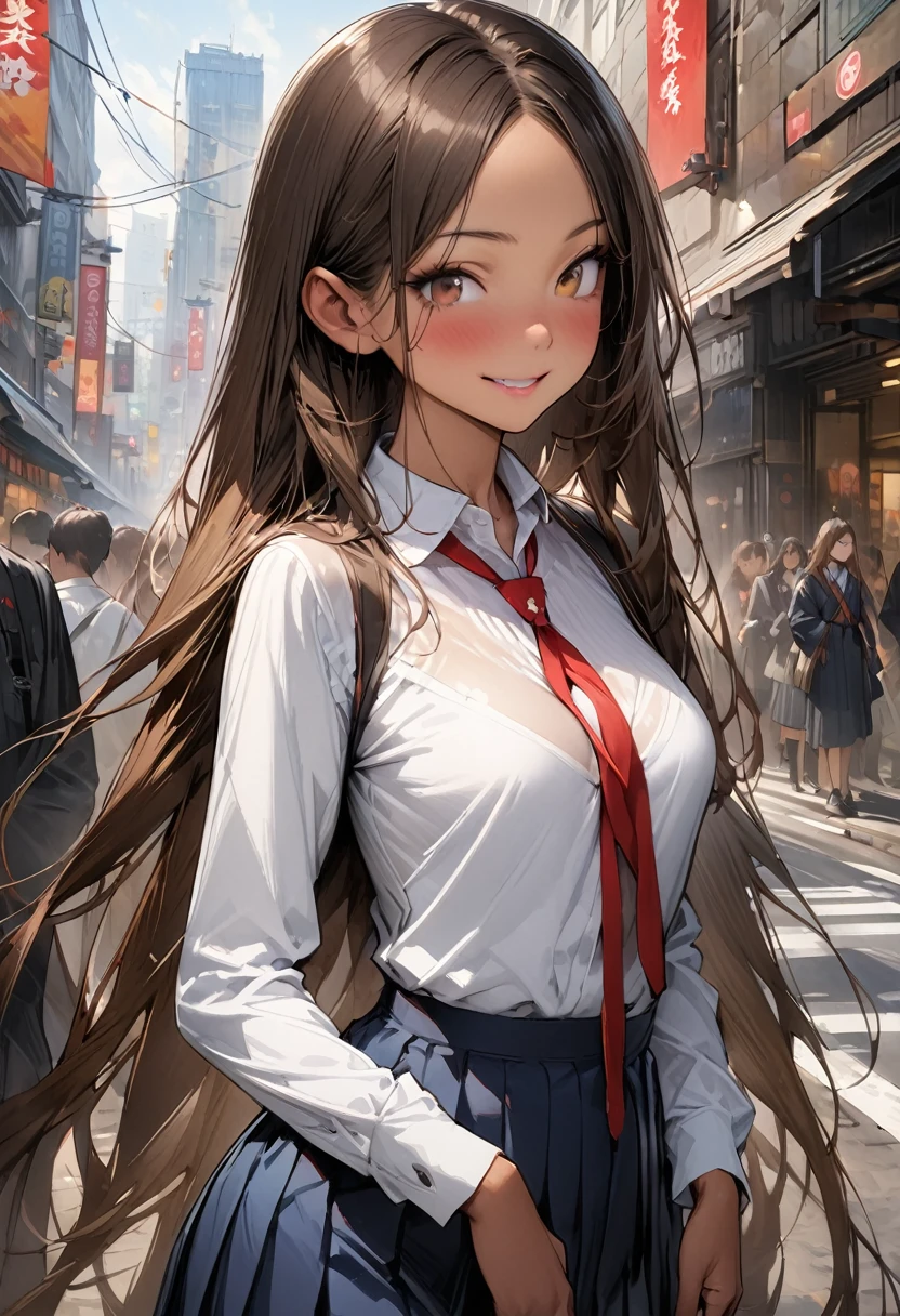 ((masterpiece,Highest quality:1.3,best quality illustration,realistic:1.4)),cowboy shot,独奏,1woman,(20-year-old、Japanese Beauty)、brown hair,long hair,(center parted bangs),brown eyes,gorgeous eyes,((very small head:1.3)),smile,,((very long body:1.2,skinny)),medium breasts,(tan skin:1.3),(Red ribbon tie、White collared shirt、Long sleeve navy blue pleated mini skirt),gleaming skin,toned body,slender body,on street,Shibuya、Modern Tokyo、