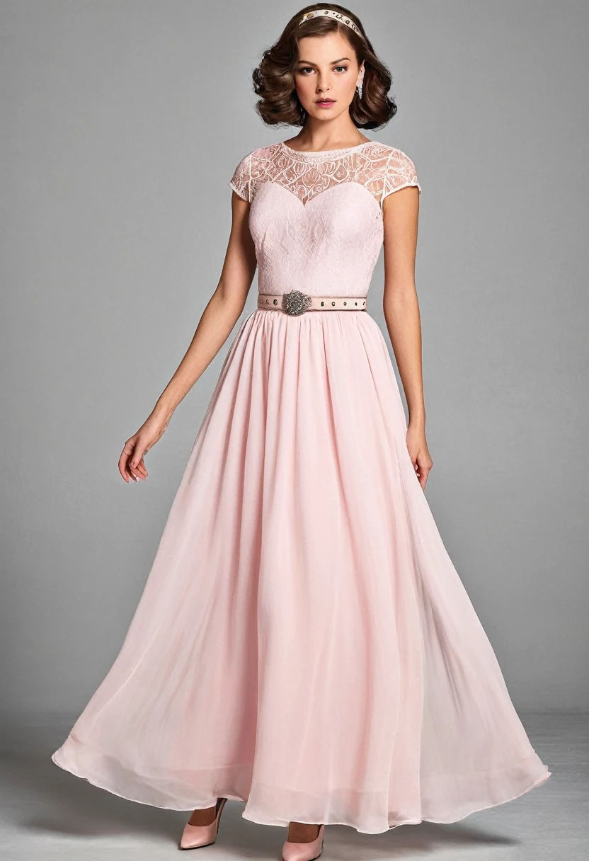 full-length ,dress with a design inspired by the 1920s or 1950s. Featuring puffy skirts, lace and chiffon details, and bejeweled belts. Pink