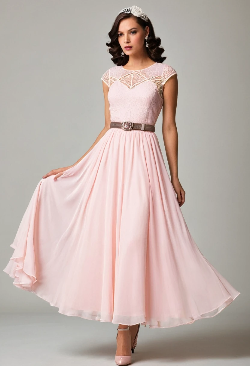 full-length ,dress with a design inspired by the 1920s or 1950s. Featuring puffy skirts, lace and chiffon details, and bejeweled belts. Pink 