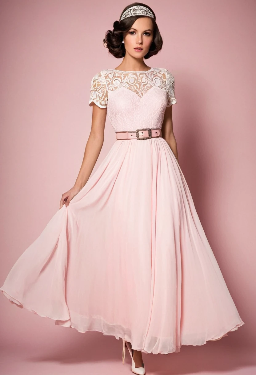 full-length ,dress with a design inspired by the 1920s or 1950s. Featuring puffy skirts, lace and chiffon details, and bejeweled belts. Pink